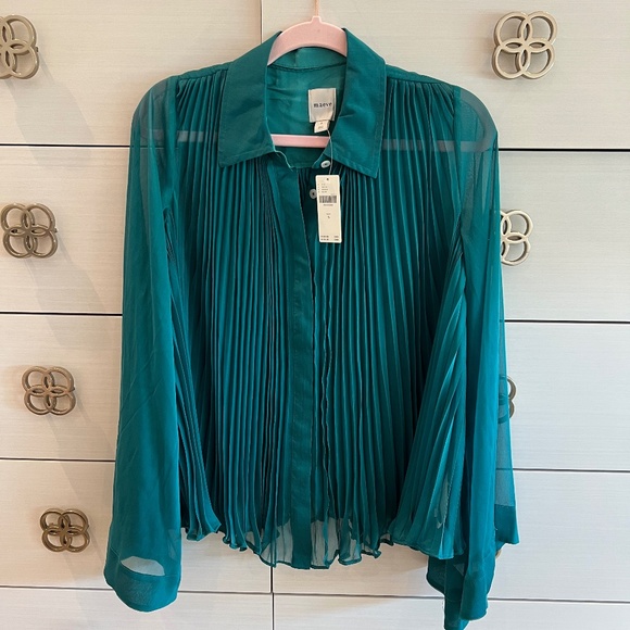 NWT Anthropologie /Maeve Sheer Emerald Green Pleated Cape-Sleeve Blouse SIZE S - Picture 4 of 5